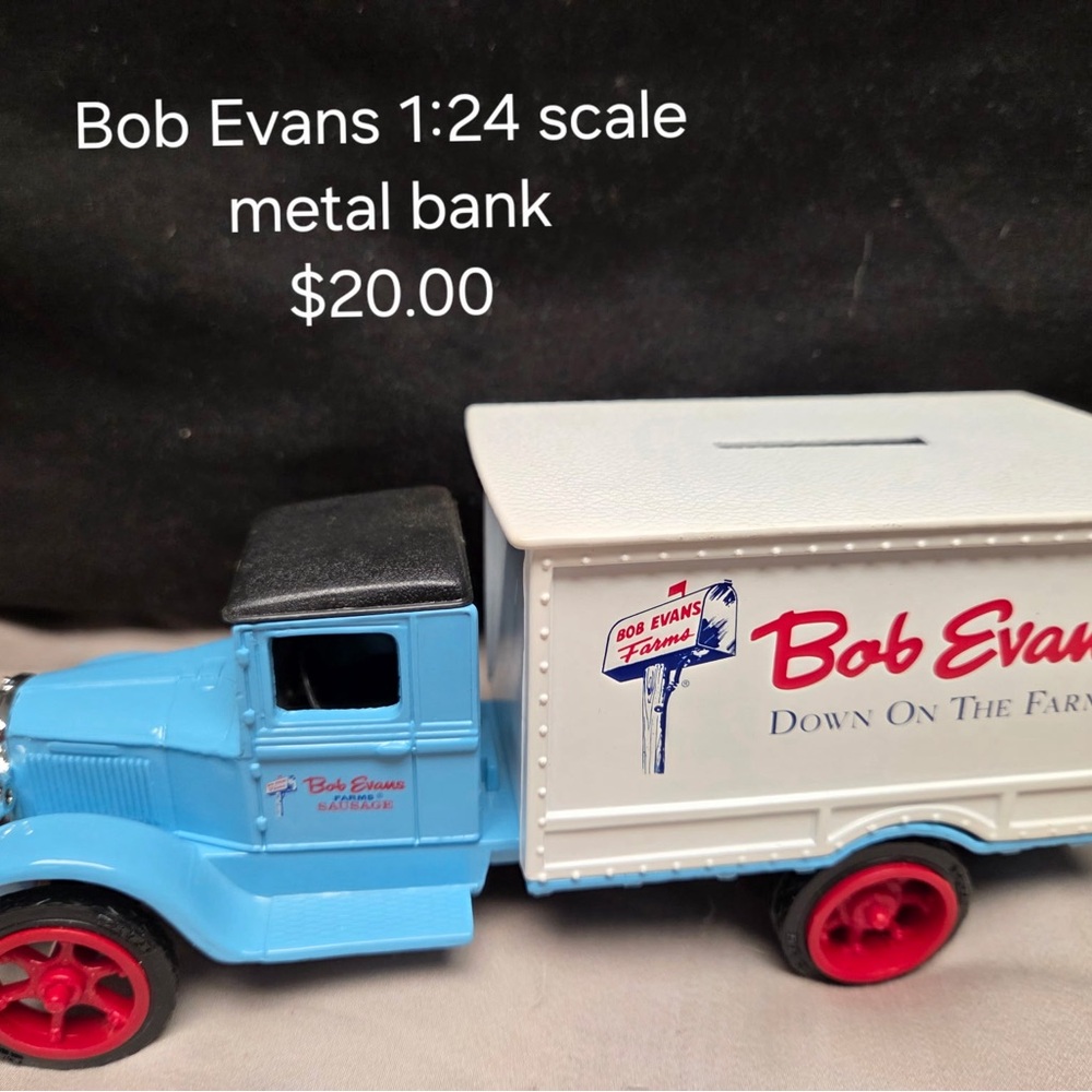 Blue and White Metal Bank Truck